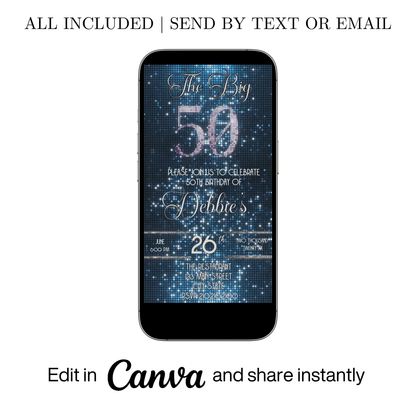 Editable blue glitter 50th birthday video invitation displayed on a mobile phone, featuring an animated vertical digital invite with music, created in Canva. This premium video invitation template is designed for sharing by text, email, and social media and works with an interactive RSVP website for easy guest response tracking.