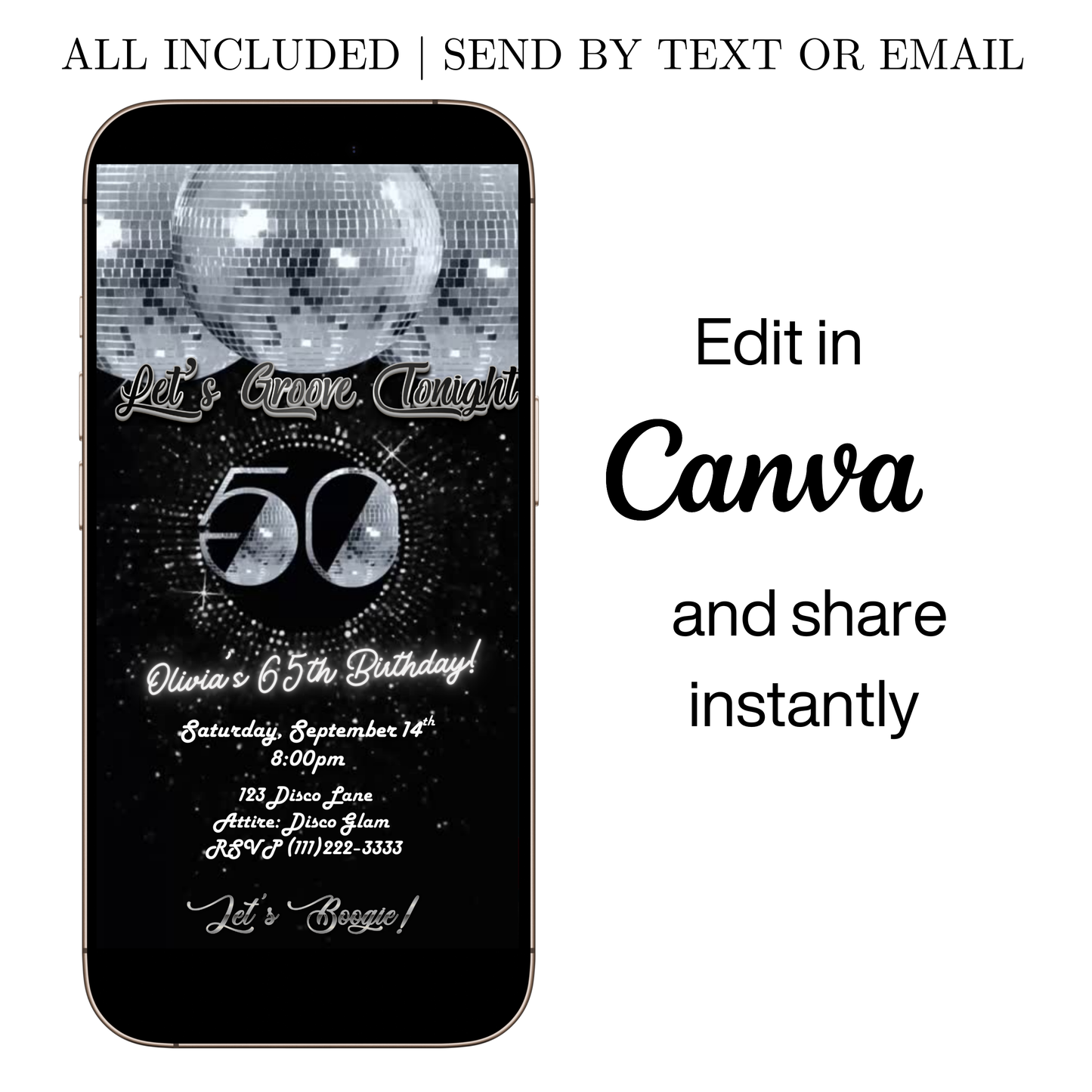 Editable silver studio 54 disco 50th birthday video invitation displayed on a mobile phone, featuring an animated vertical digital invite with music, created in Canva. This premium video invitation template is designed for sharing by text, email, and social media and works with an interactive RSVP website for easy guest response tracking.