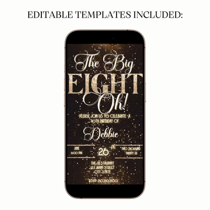The Big Eight-Oh 80th Birthday Video Invitation — Glam Gold & Black Design for Mobile Sharing