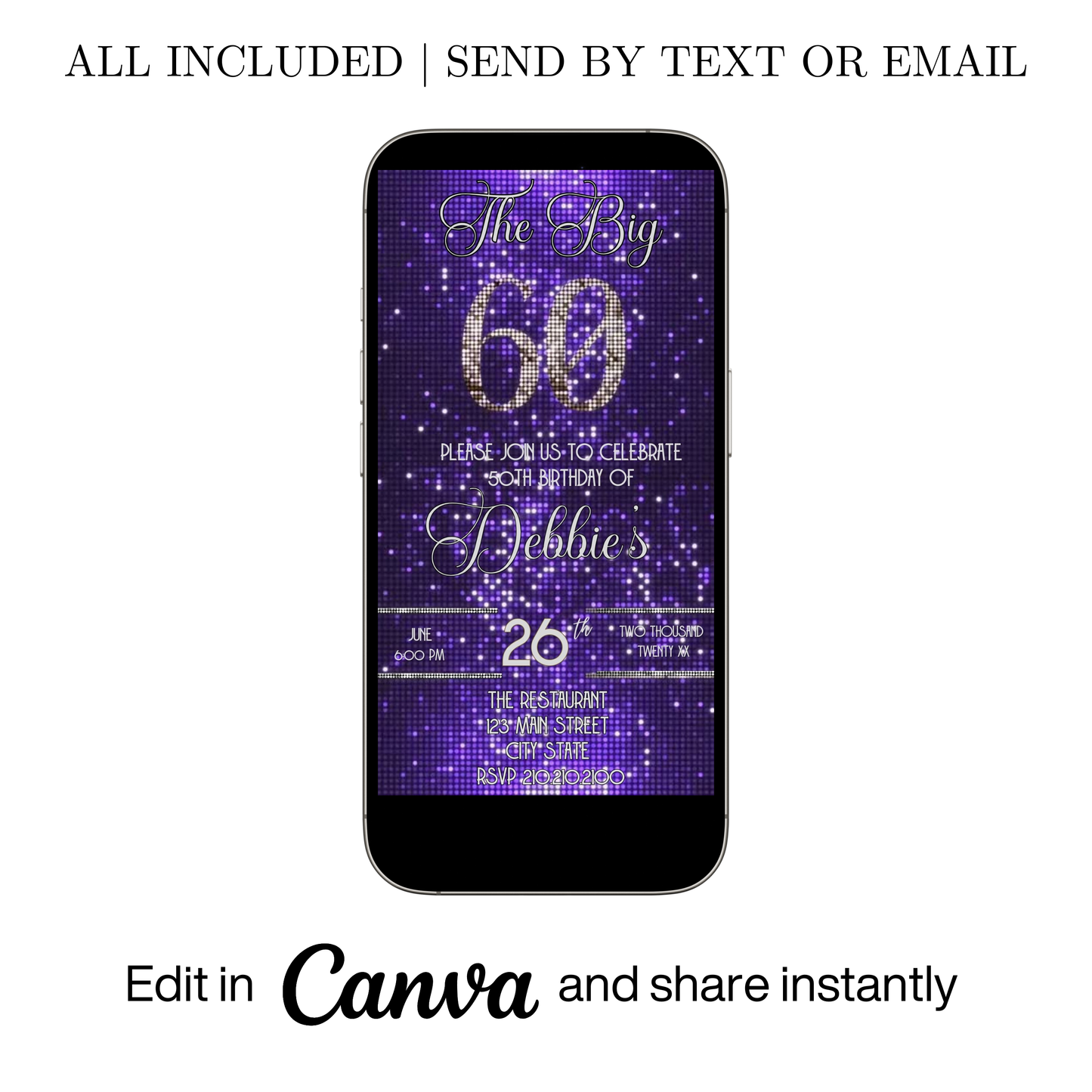 Editable purple shimmer 60th birthday video invitation displayed on a mobile phone, featuring an animated vertical digital invite with music, created in Canva. This premium video invitation template is designed for sharing by text, email, and social media and works with an interactive RSVP website for easy guest response tracking.