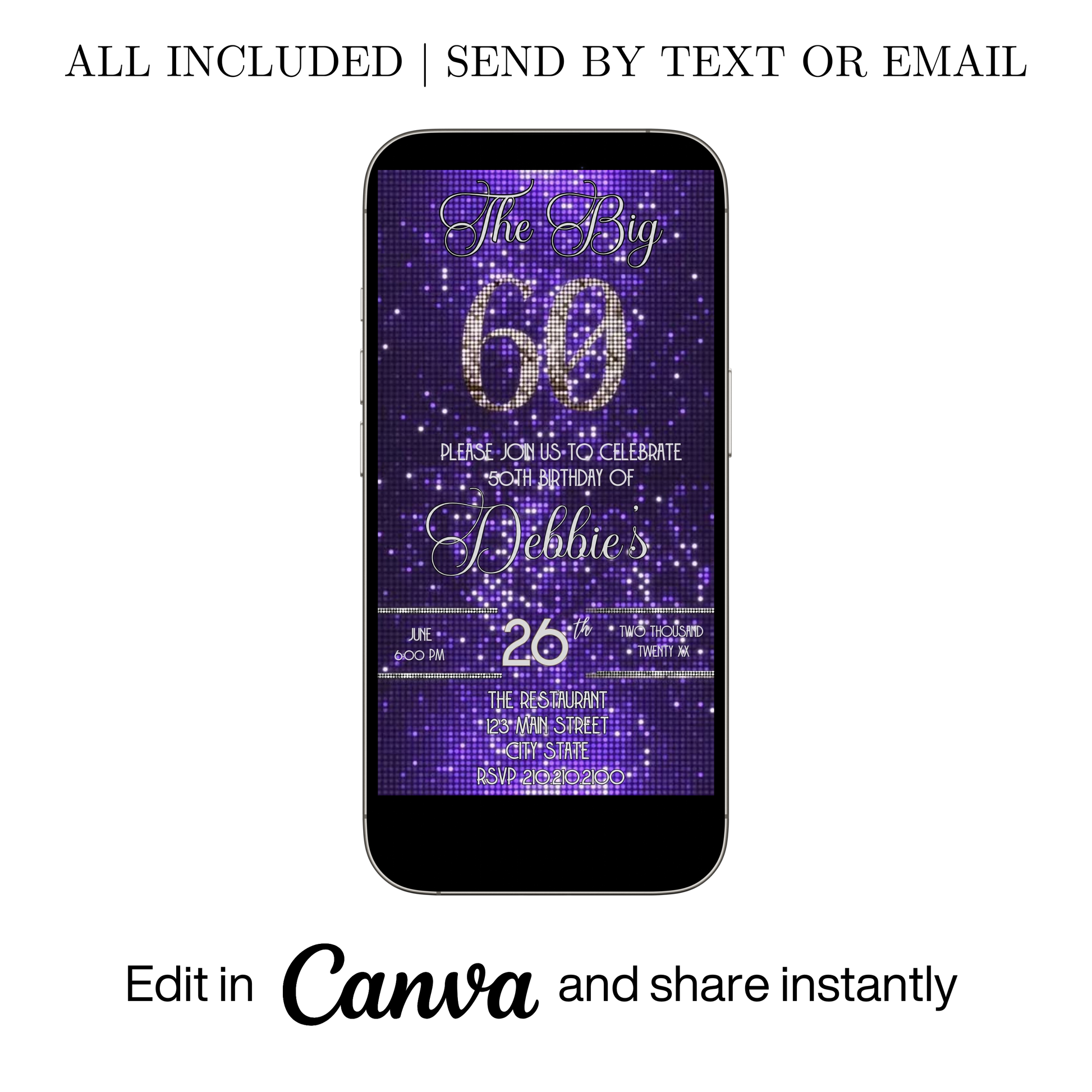 Editable purple shimmer 60th birthday video invitation displayed on a mobile phone, featuring an animated vertical digital invite with music, created in Canva. This premium video invitation template is designed for sharing by text, email, and social media and works with an interactive RSVP website for easy guest response tracking.