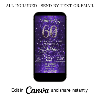 Editable purple shimmer 60th birthday video invitation displayed on a mobile phone, featuring an animated vertical digital invite with music, created in Canva. This premium video invitation template is designed for sharing by text, email, and social media and works with an interactive RSVP website for easy guest response tracking.