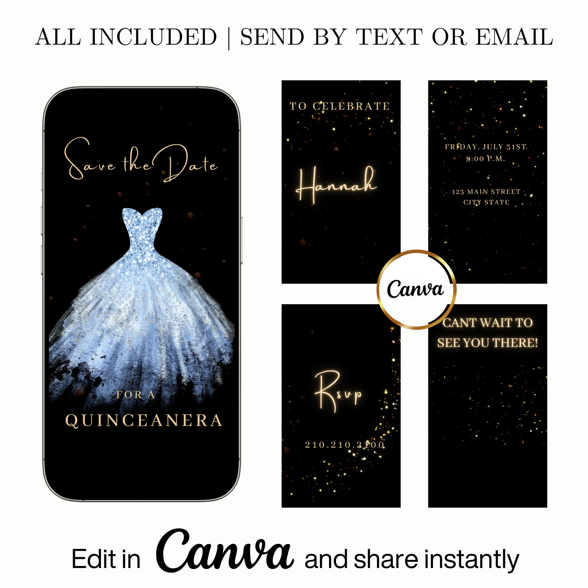 Editable light blue sparkly dress Quinceañera video invitation displayed on a mobile phone, featuring an animated vertical digital invite with music, created in Canva. This premium video invitation template is designed for sharing by text, email, and social media and works with an interactive RSVP website for easy guest response tracking.