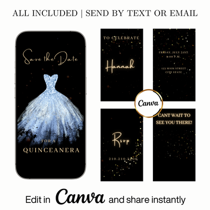 Editable light blue sparkly dress Quinceañera video invitation displayed on a mobile phone, featuring an animated vertical digital invite with music, created in Canva. This premium video invitation template is designed for sharing by text, email, and social media and works with an interactive RSVP website for easy guest response tracking.