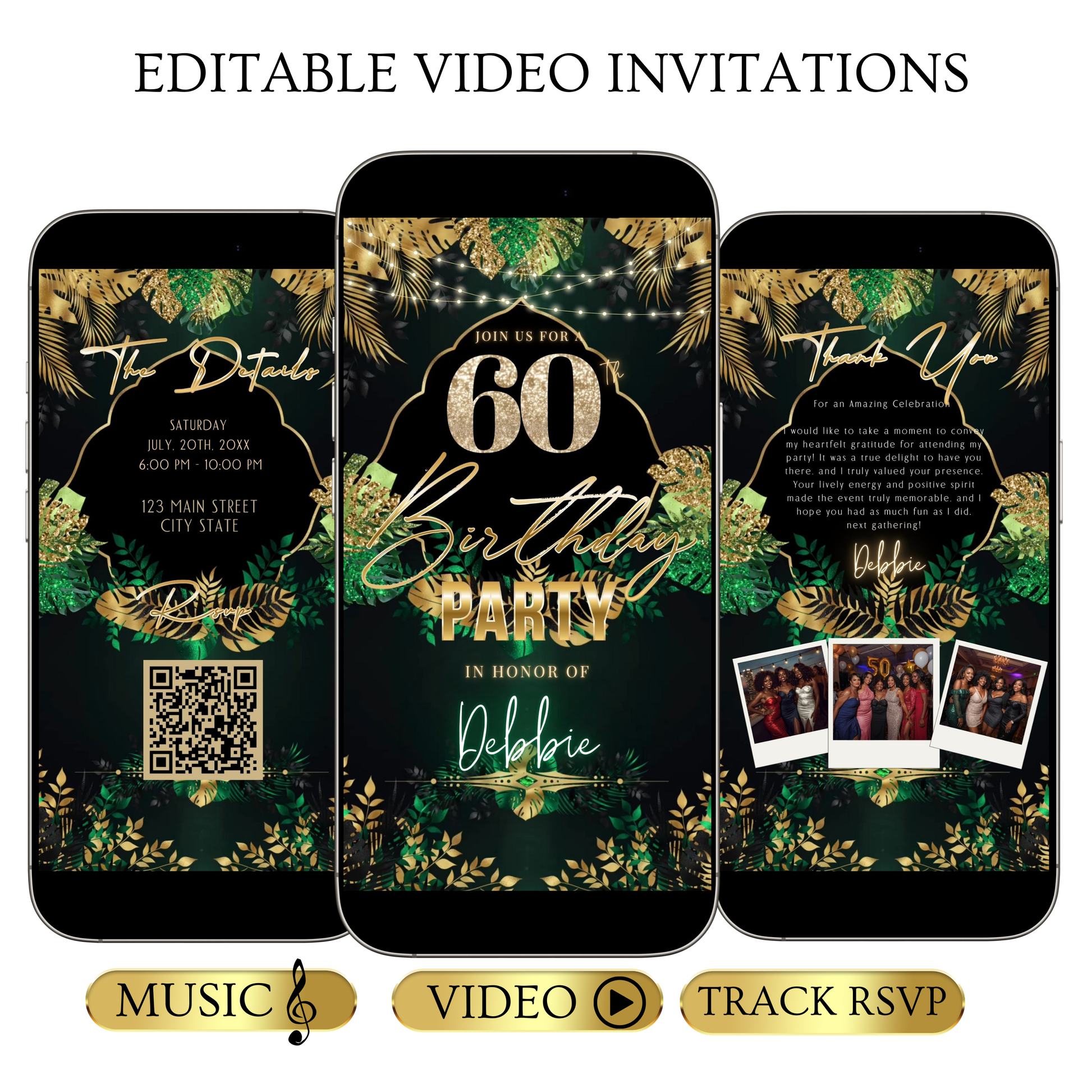 Editable safari green gold 60th birthday birthday video invitation displayed on a mobile phone, featuring an animated vertical digital invite with music, created in Canva. This premium video invitation template is designed for sharing by text, email, and social media and works with an interactive RSVP website for easy guest response tracking.