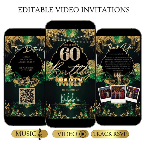 Editable safari green gold 60th birthday birthday video invitation displayed on a mobile phone, featuring an animated vertical digital invite with music, created in Canva. This premium video invitation template is designed for sharing by text, email, and social media and works with an interactive RSVP website for easy guest response tracking.