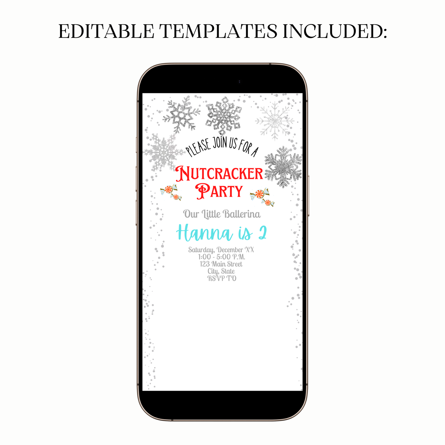 Kids ballerina-themed Nutcracker holiday invite shown on laptop screen