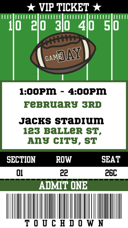 Vertical phone mockup showing Touchdown Huddle animated football video invite