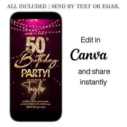 Editable magenta gold sequin 50th birthday video invitation displayed on a mobile phone, featuring an animated vertical digital invite with music, created in Canva. This premium video invitation template is designed for sharing by text, email, and social media and works with an interactive RSVP website for easy guest response tracking.