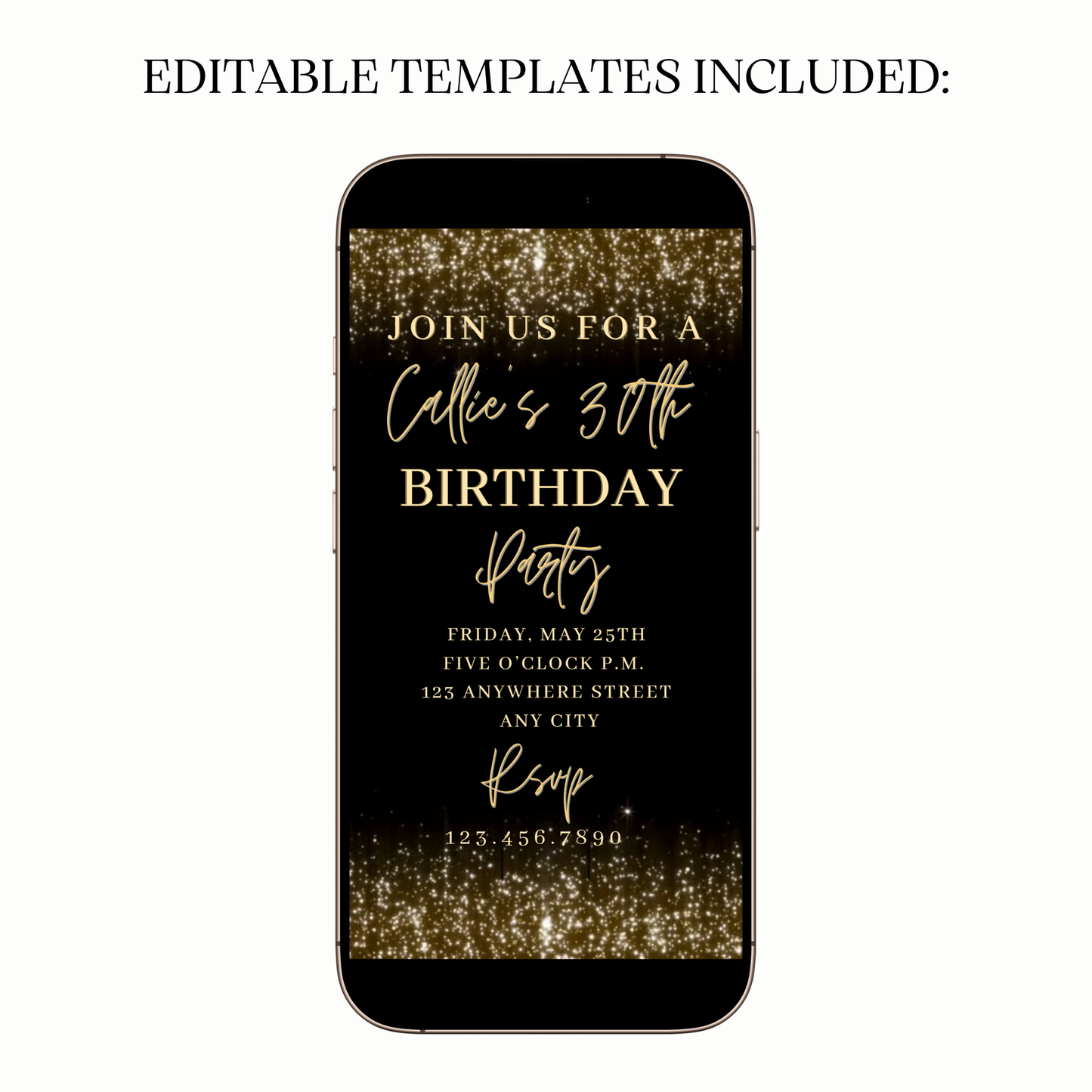 Animated gold sparkle video invitation with glitter details