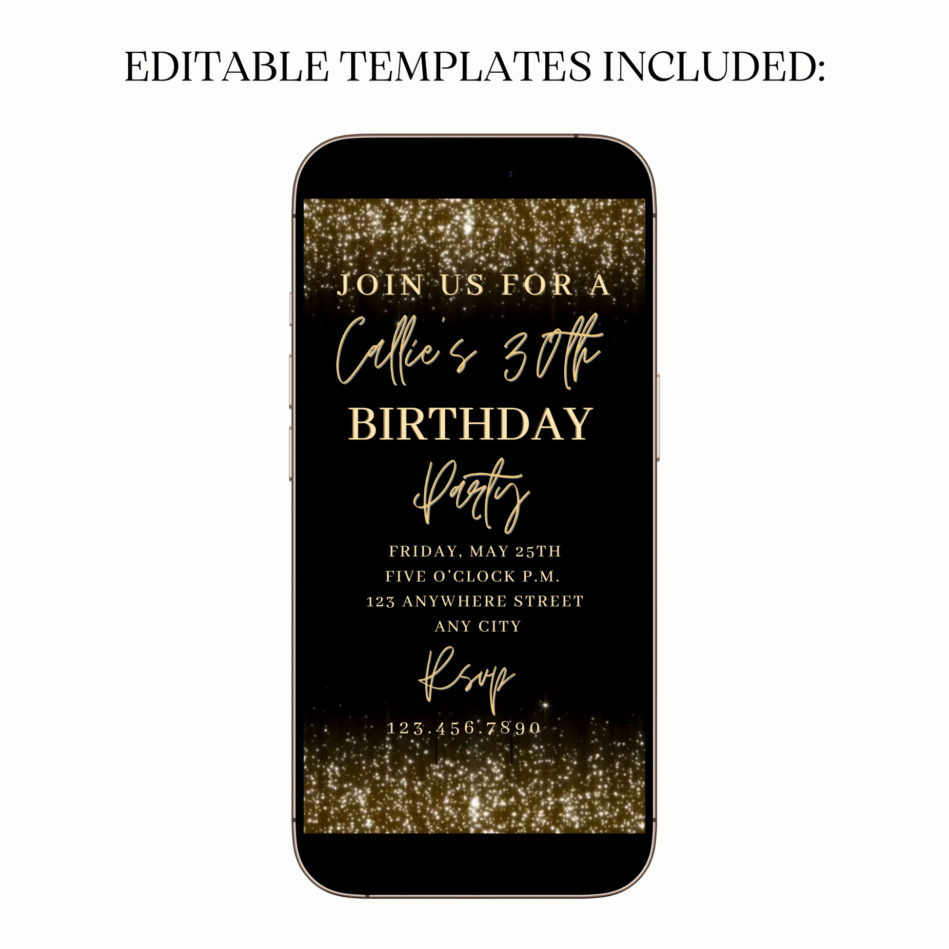 Animated gold sparkle video invitation with glitter details