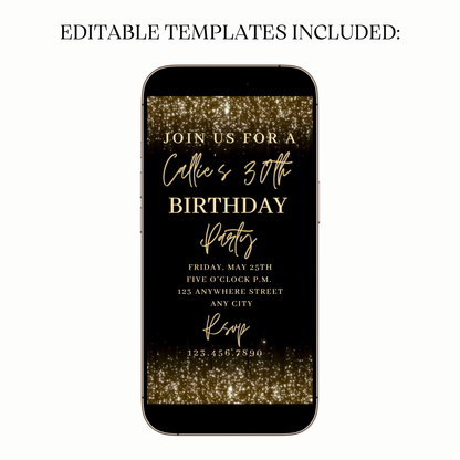 Animated gold sparkle video invitation with glitter details