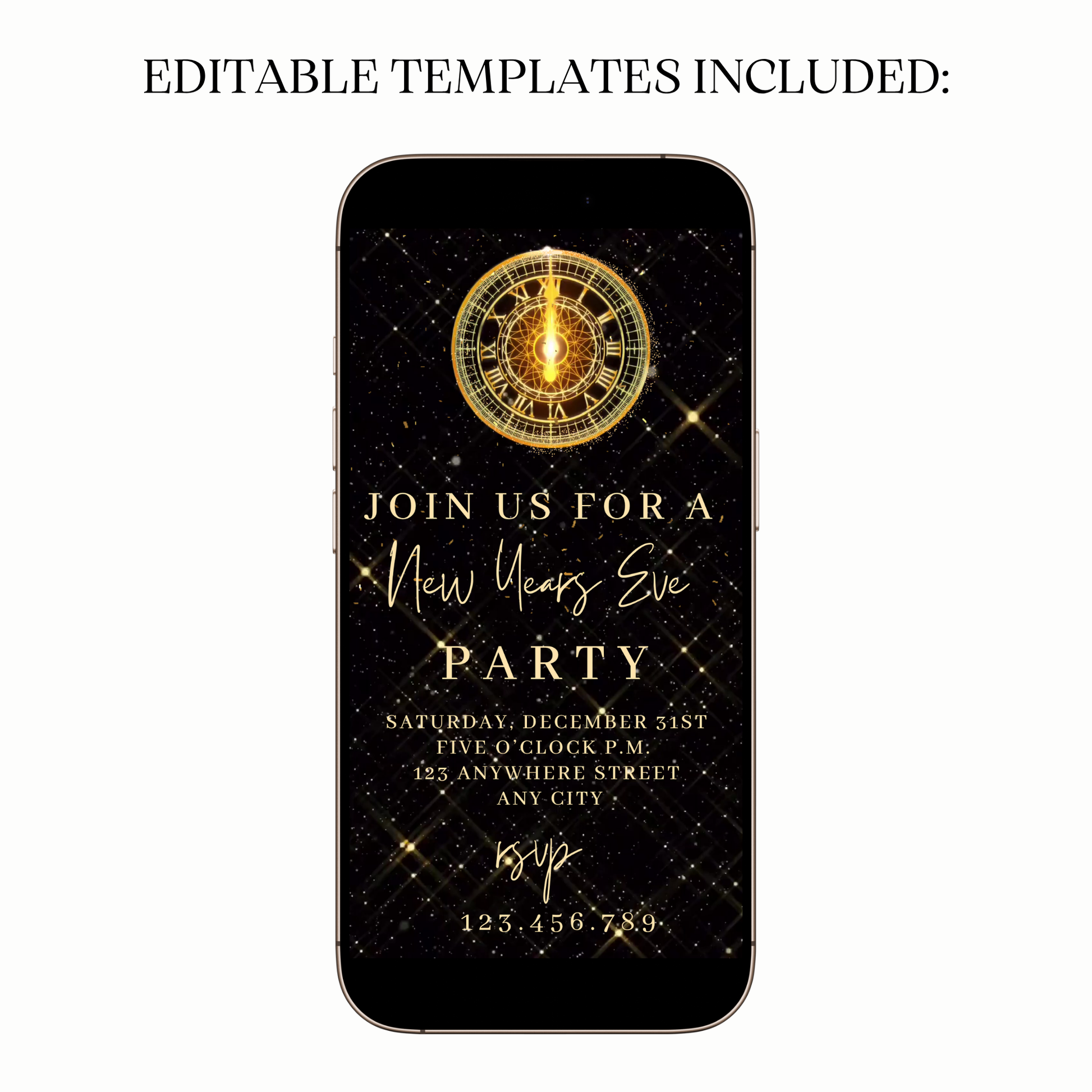 Customizable midnight countdown video invitation for NYE celebration