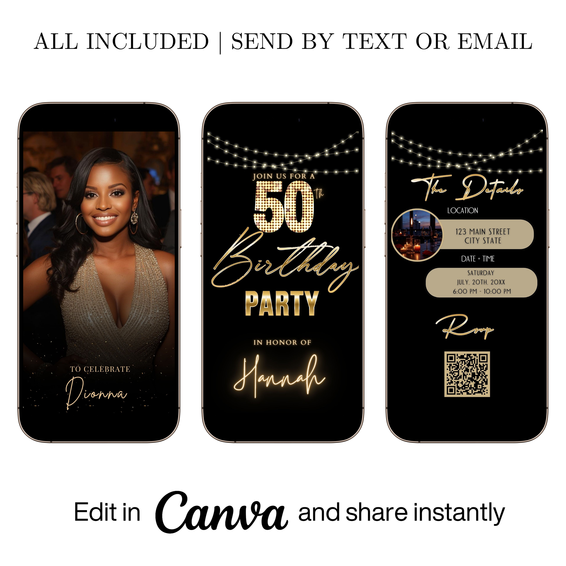 Editable black gold glam 50th birthday video invitation displayed on a mobile phone, featuring an animated vertical digital invite with music, created in Canva. This premium video invitation template is designed for sharing by text, email, and social media and works with an interactive RSVP website for easy guest response tracking.