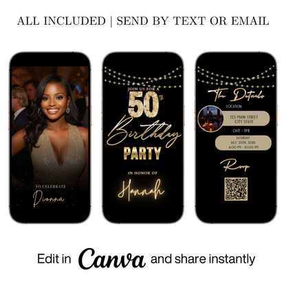 Editable black gold glam 50th birthday video invitation displayed on a mobile phone, featuring an animated vertical digital invite with music, created in Canva. This premium video invitation template is designed for sharing by text, email, and social media and works with an interactive RSVP website for easy guest response tracking.