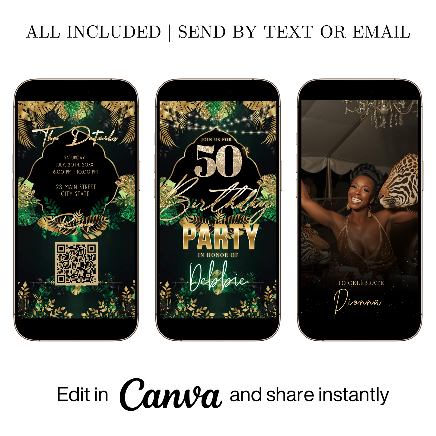 Editable tropical green gold 50th birthday video invitation displayed on a mobile phone, featuring an animated vertical digital invite with music, created in Canva. This premium video invitation template is designed for sharing by text, email, and social media and works with an interactive RSVP website for easy guest response tracking.
