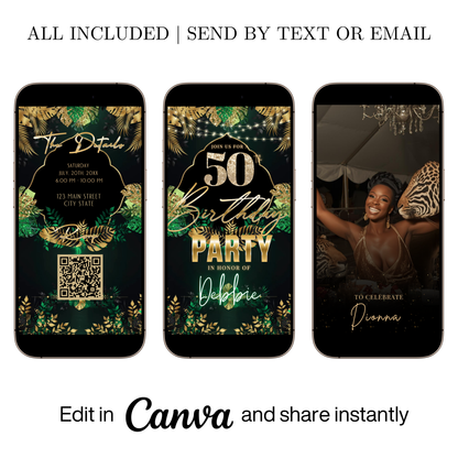 Editable tropical green gold 50th birthday video invitation displayed on a mobile phone, featuring an animated vertical digital invite with music, created in Canva. This premium video invitation template is designed for sharing by text, email, and social media and works with an interactive RSVP website for easy guest response tracking.