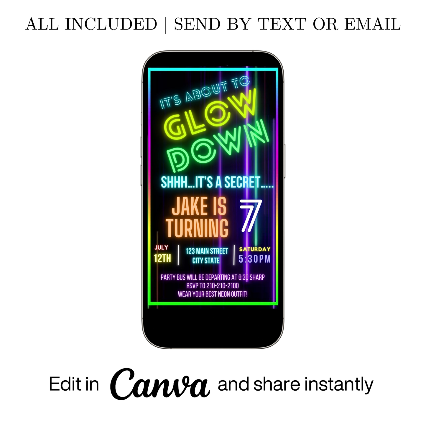 Editable neon glow down birthday video invitation displayed on a mobile phone, featuring an animated vertical digital invite with music, created in Canva. This premium video invitation template is designed for sharing by text, email, and social media and works with an interactive RSVP website for easy guest response tracking.