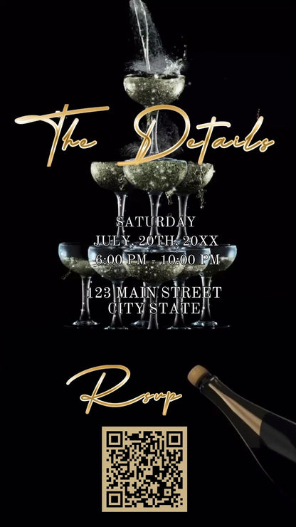 Editable black gold elegant 60th birthday birthday video invitation displayed on a mobile phone, featuring an animated vertical digital invite with music, created in Canva. This premium video invitation template is designed for sharing by text, email, and social media and works with an interactive RSVP website for easy guest response tracking.
