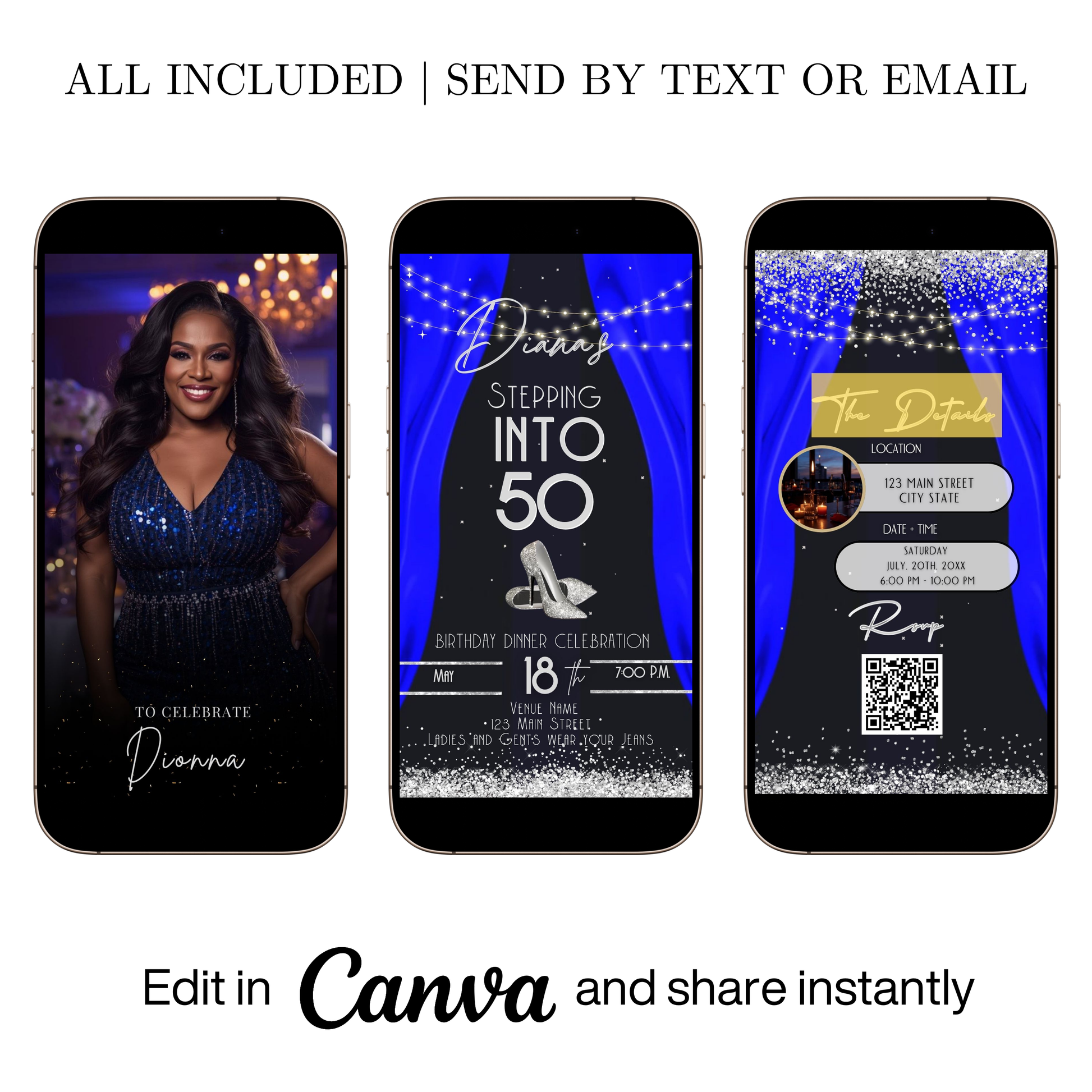 Editable royal blue elegant 50th birthday video invitation video invitation displayed on a mobile phone, featuring an animated vertical digital invite with music, created in Canva. This premium video invitation template is designed for sharing by text, email, and social media and works with an interactive RSVP website for easy guest response tracking.