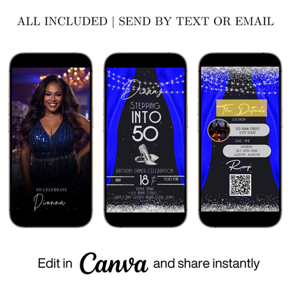 Editable royal blue elegant 50th birthday video invitation video invitation displayed on a mobile phone, featuring an animated vertical digital invite with music, created in Canva. This premium video invitation template is designed for sharing by text, email, and social media and works with an interactive RSVP website for easy guest response tracking.