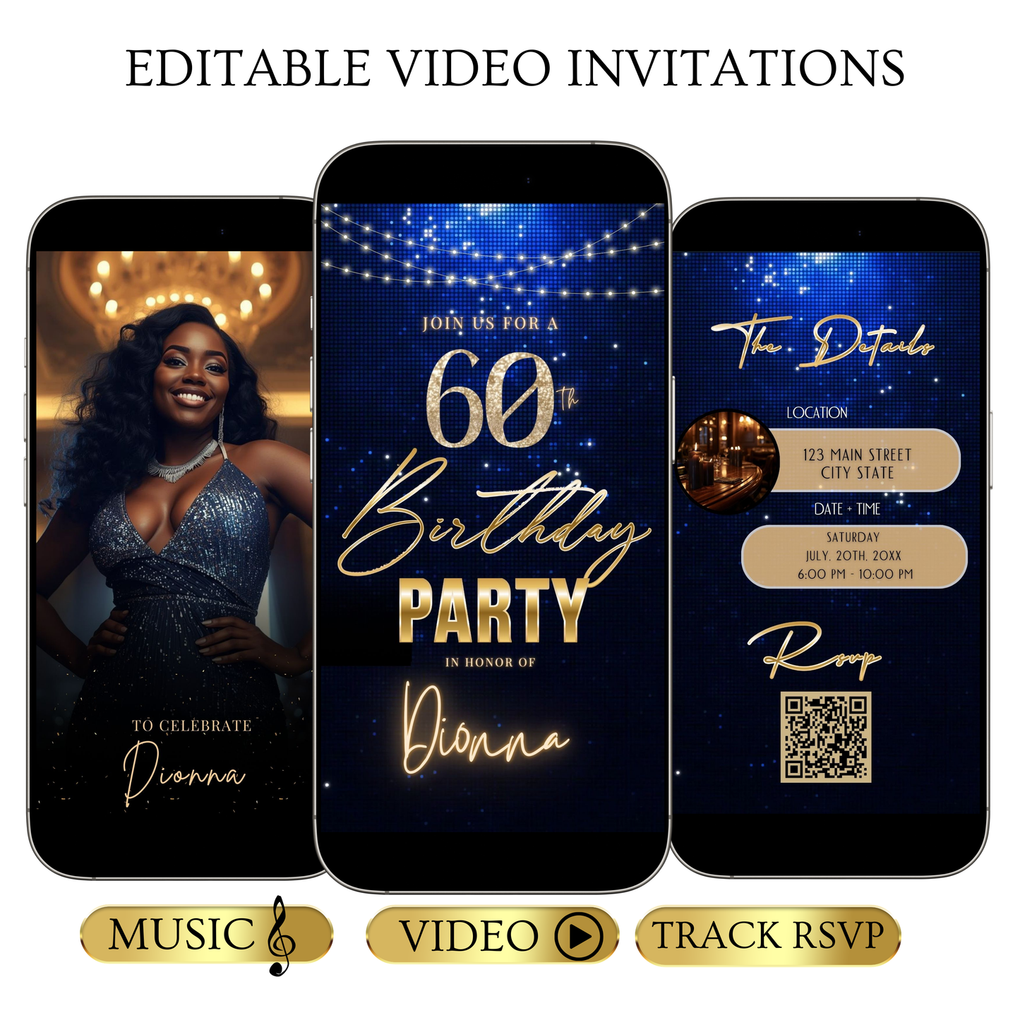 Editable royal blue gold elegant 60th birthday birthday video invitation displayed on a mobile phone, featuring an animated vertical digital invite with music, created in Canva. This premium video invitation template is designed for sharing by text, email, and social media and works with an interactive RSVP website for easy guest response tracking.