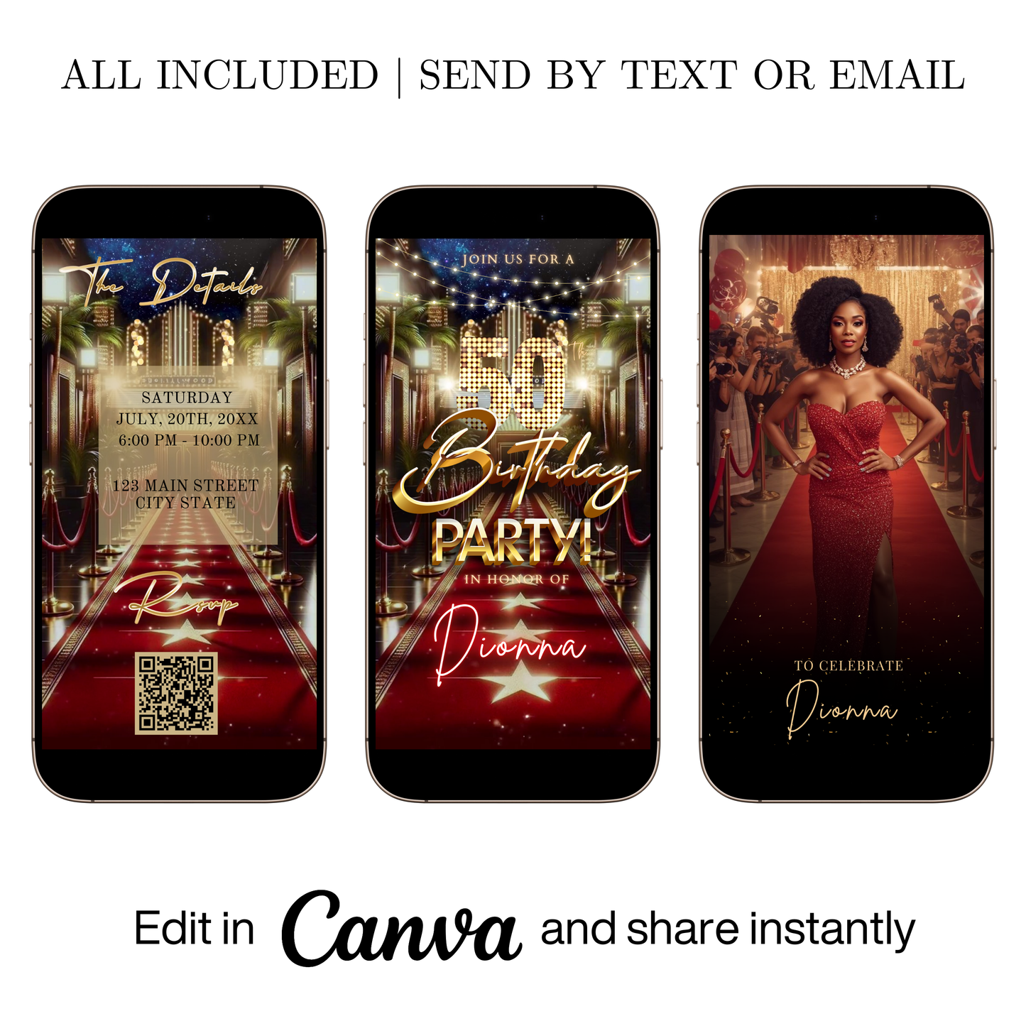 Editable hollywood red carpet 50th birthday video invitation displayed on a mobile phone, featuring an animated vertical digital invite with music, created in Canva. This premium video invitation template is designed for sharing by text, email, and social media and works with an interactive RSVP website for easy guest response tracking.