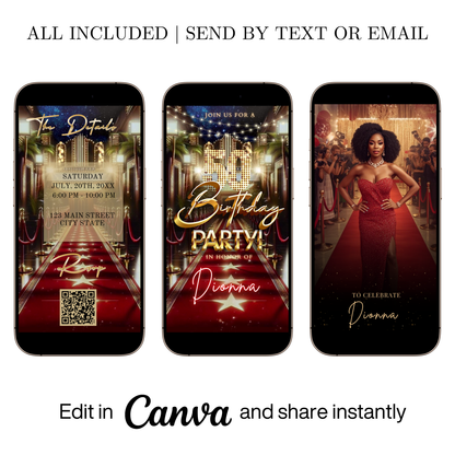 Editable hollywood red carpet 50th birthday video invitation displayed on a mobile phone, featuring an animated vertical digital invite with music, created in Canva. This premium video invitation template is designed for sharing by text, email, and social media and works with an interactive RSVP website for easy guest response tracking.