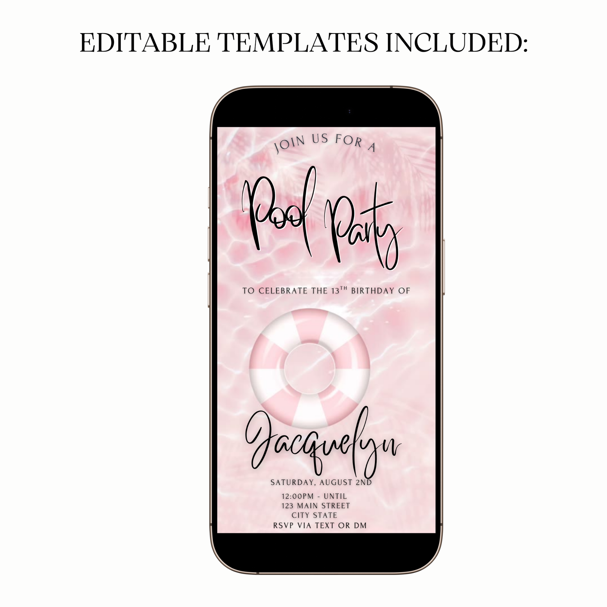 Animated poolside birthday video invitation in MP4 format