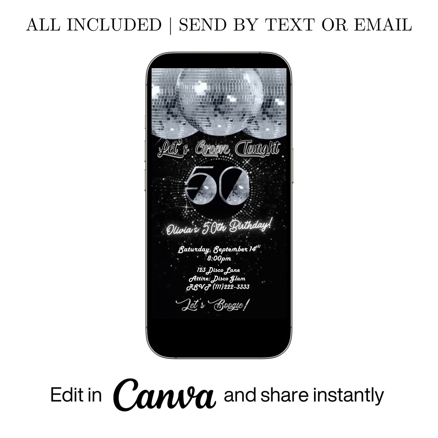 Editable disco silver 50th birthday video invitation displayed on a mobile phone, featuring an animated vertical digital invite with music, created in Canva. This premium video invitation template is designed for sharing by text, email, and social media and works with an interactive RSVP website for easy guest response tracking.