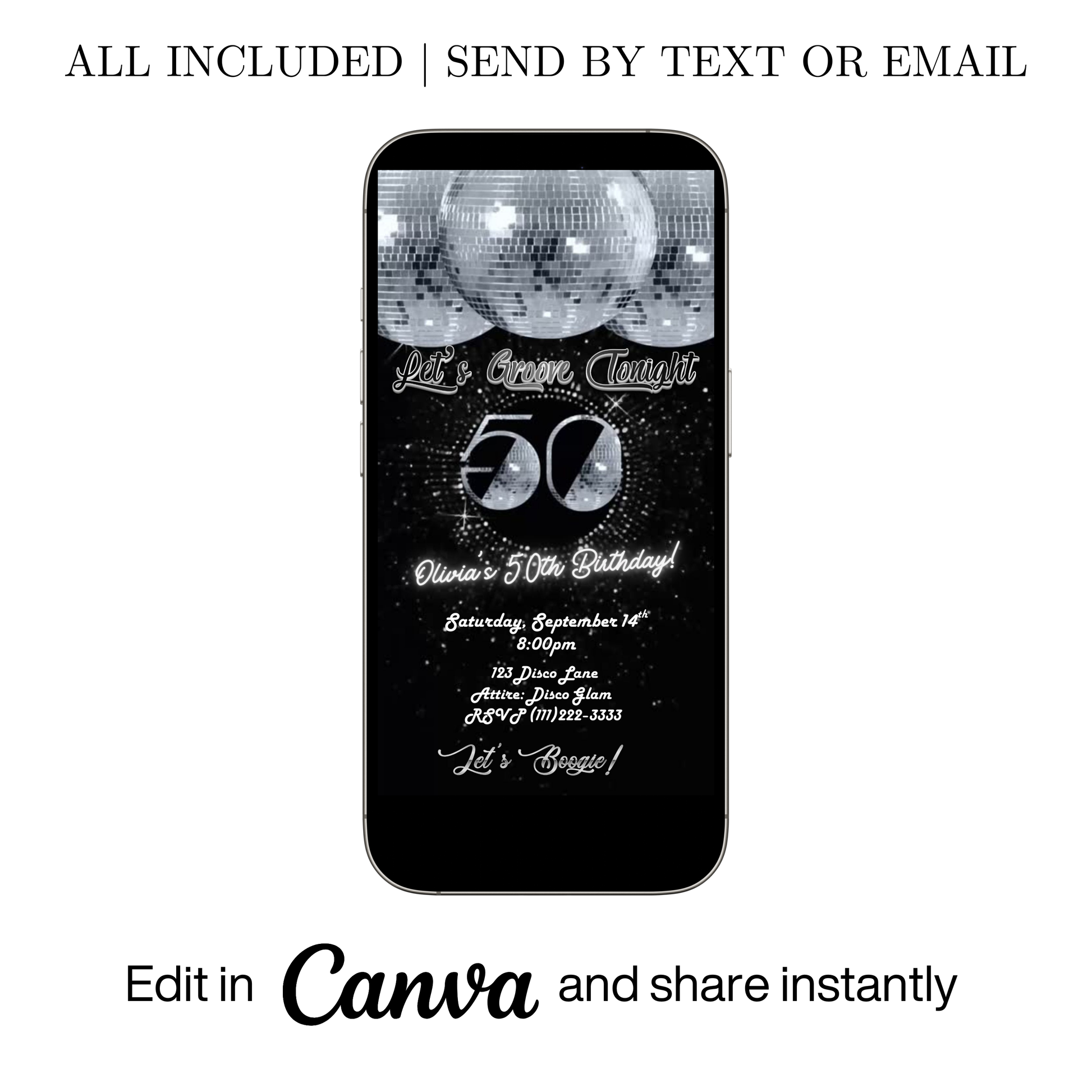 Editable disco silver 50th birthday video invitation displayed on a mobile phone, featuring an animated vertical digital invite with music, created in Canva. This premium video invitation template is designed for sharing by text, email, and social media and works with an interactive RSVP website for easy guest response tracking.