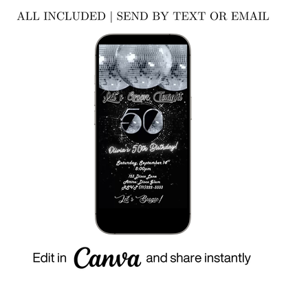 Editable disco silver 50th birthday video invitation displayed on a mobile phone, featuring an animated vertical digital invite with music, created in Canva. This premium video invitation template is designed for sharing by text, email, and social media and works with an interactive RSVP website for easy guest response tracking.