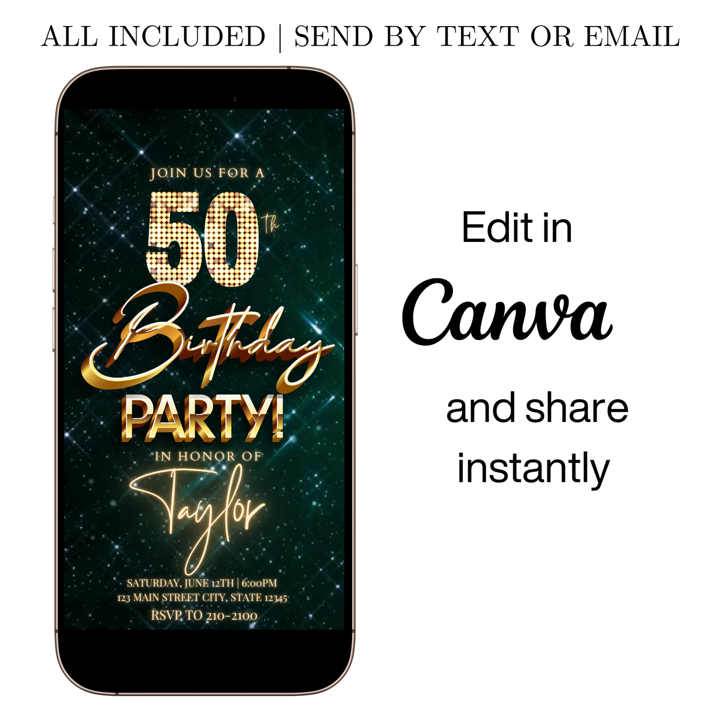 Editable emerald green gold glam 50th birthday video invitation displayed on a mobile phone, featuring an animated vertical digital invite with music, created in Canva. This premium video invitation template is designed for sharing by text, email, and social media and works with an interactive RSVP website for easy guest response tracking.