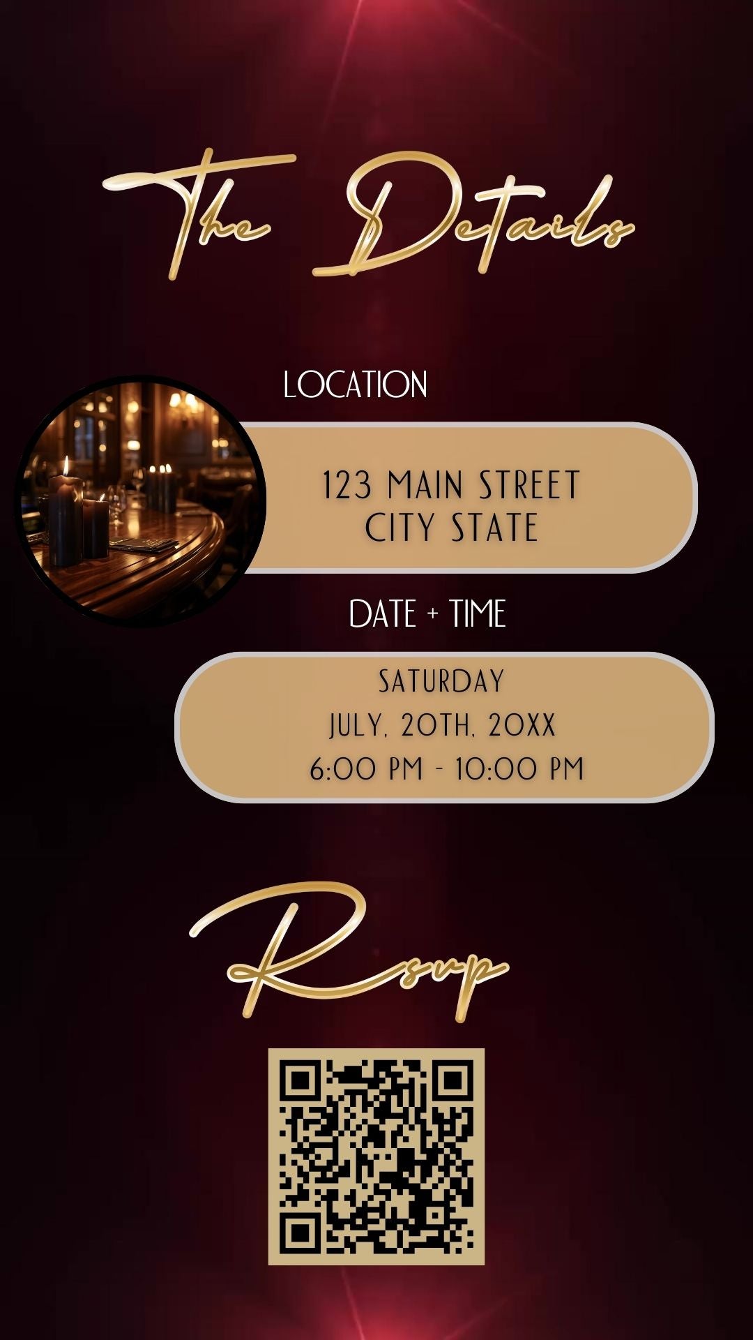 Editable maroon glam 50th birthday party video invitation displayed on a mobile phone, featuring an animated vertical digital invite with music, created in Canva. This premium video invitation template is designed for sharing by text, email, and social media and works with an interactive RSVP website for easy guest response tracking.