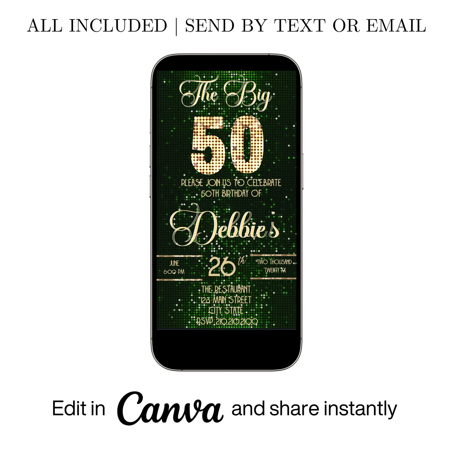 Editable green sequin 50th birthday video invitation displayed on a mobile phone, featuring an animated vertical digital invite with music, created in Canva. This premium video invitation template is designed for sharing by text, email, and social media and works with an interactive RSVP website for easy guest response tracking.