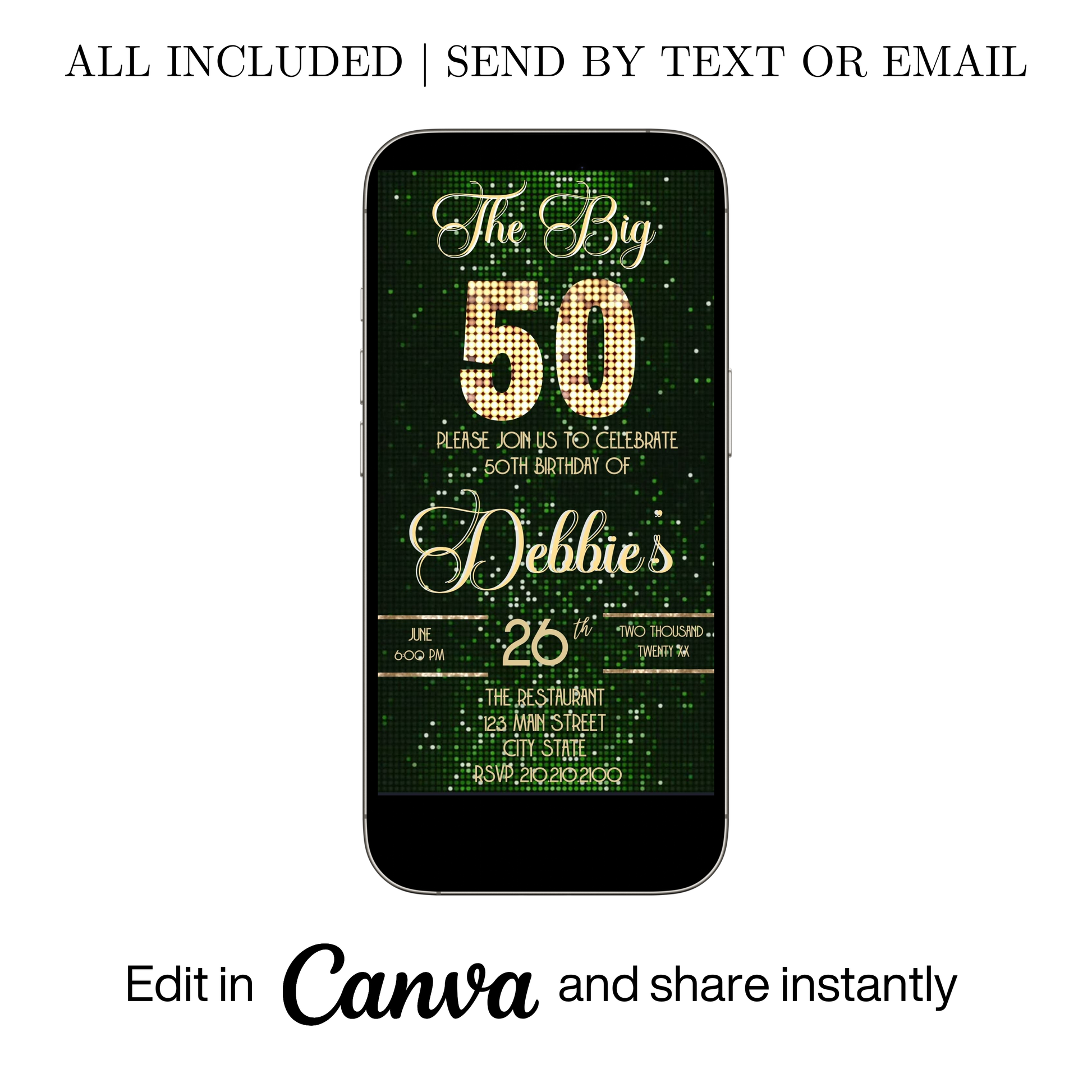 Editable green sequin 50th birthday video invitation displayed on a mobile phone, featuring an animated vertical digital invite with music, created in Canva. This premium video invitation template is designed for sharing by text, email, and social media and works with an interactive RSVP website for easy guest response tracking.