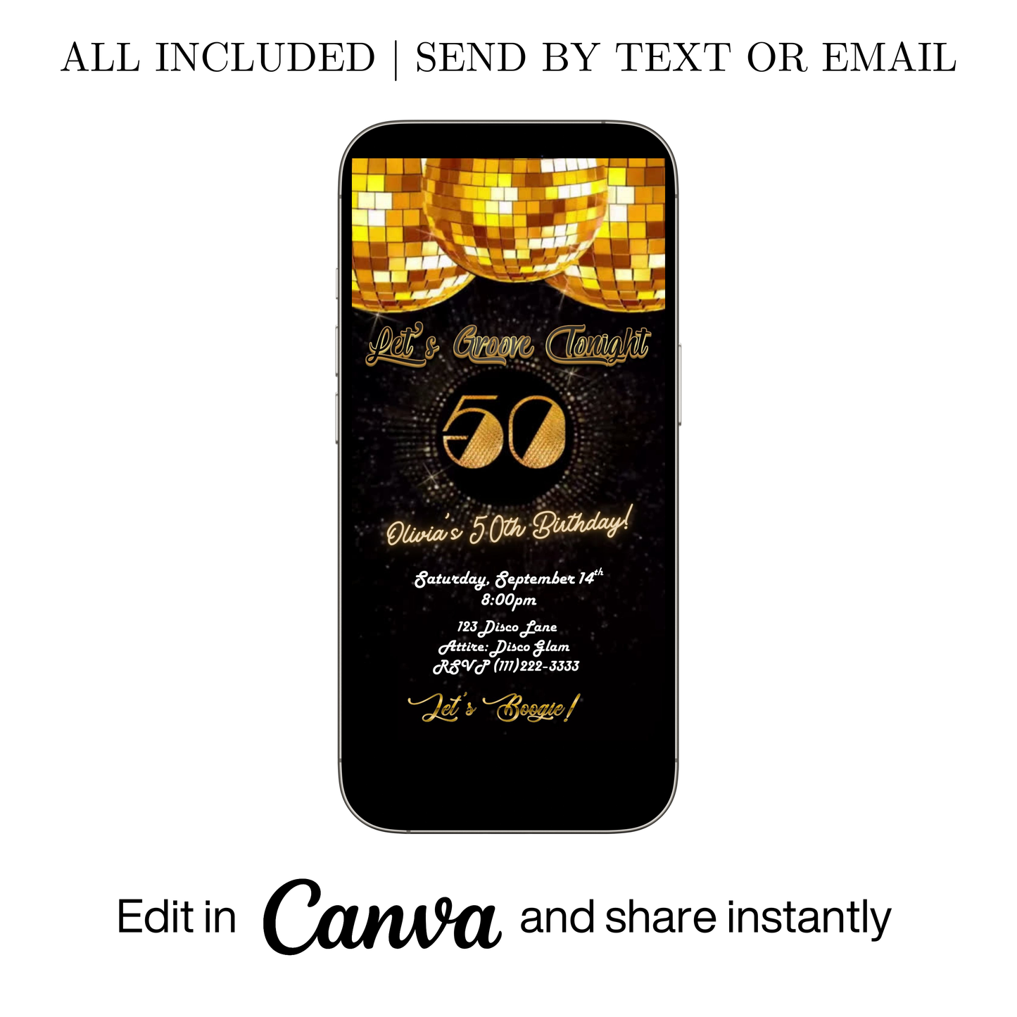 Editable gold disco 50th birthday video invitation displayed on a mobile phone, featuring an animated vertical digital invite with music, created in Canva. This premium video invitation template is designed for sharing by text, email, and social media and works with an interactive RSVP website for easy guest response tracking.