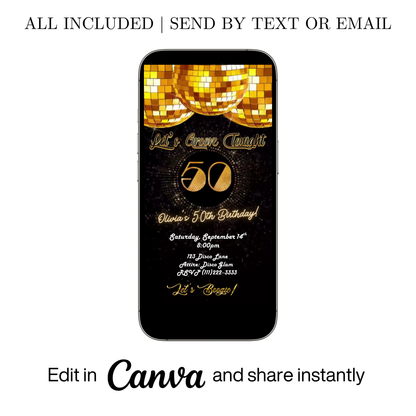 Editable gold disco 50th birthday video invitation displayed on a mobile phone, featuring an animated vertical digital invite with music, created in Canva. This premium video invitation template is designed for sharing by text, email, and social media and works with an interactive RSVP website for easy guest response tracking.