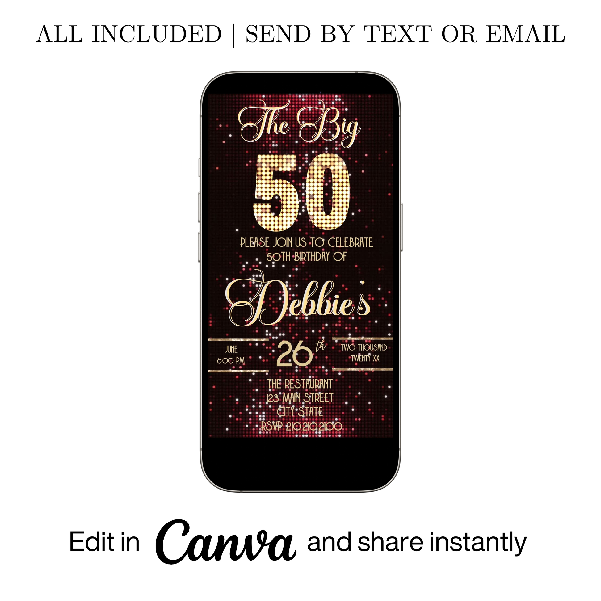 Editable red gold glam 50th birthday video invitation displayed on a mobile phone, featuring an animated vertical digital invite with music, created in Canva. This premium video invitation template is designed for sharing by text, email, and social media and works with an interactive RSVP website for easy guest response tracking.