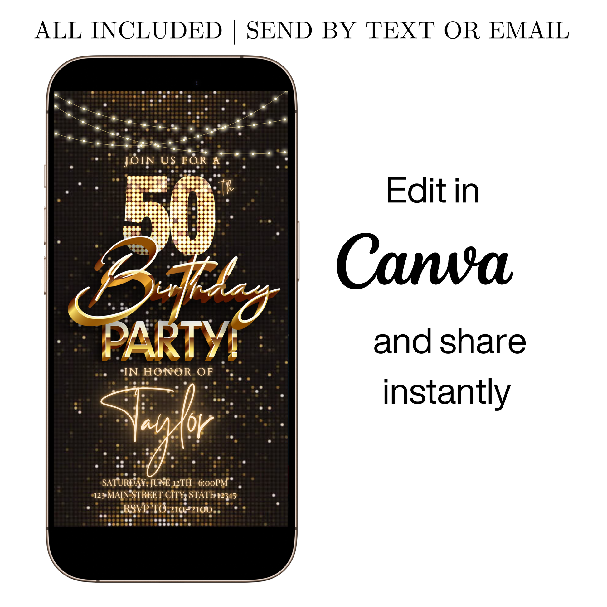 Editable black gold sequin 50th birthday video invitation displayed on a mobile phone, featuring an animated vertical digital invite with music, created in Canva. This premium video invitation template is designed for sharing by text, email, and social media and works with an interactive RSVP website for easy guest response tracking.