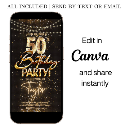 Editable black gold sequin 50th birthday video invitation displayed on a mobile phone, featuring an animated vertical digital invite with music, created in Canva. This premium video invitation template is designed for sharing by text, email, and social media and works with an interactive RSVP website for easy guest response tracking.