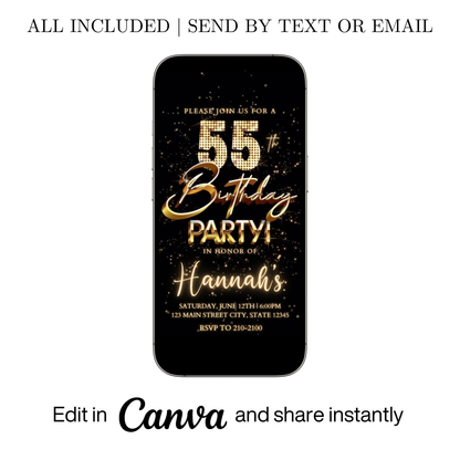 Editable gold fireworks 55th birthday video invitation displayed on a mobile phone, featuring an animated vertical digital invite with music, created in Canva. This premium video invitation template is designed for sharing by text, email, and social media and works with an interactive RSVP website for easy guest response tracking.