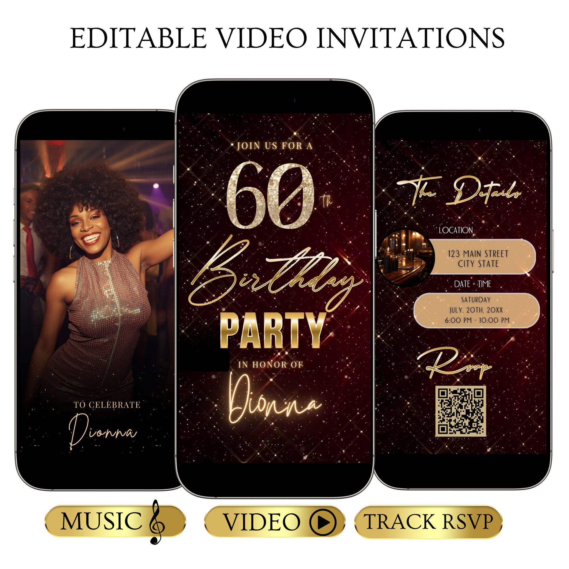 Editable maroon gold sparkle grid 60th birthday birthday video invitation displayed on a mobile phone, featuring an animated vertical digital invite with music, created in Canva. This premium video invitation template is designed for sharing by text, email, and social media and works with an interactive RSVP website for easy guest response tracking.