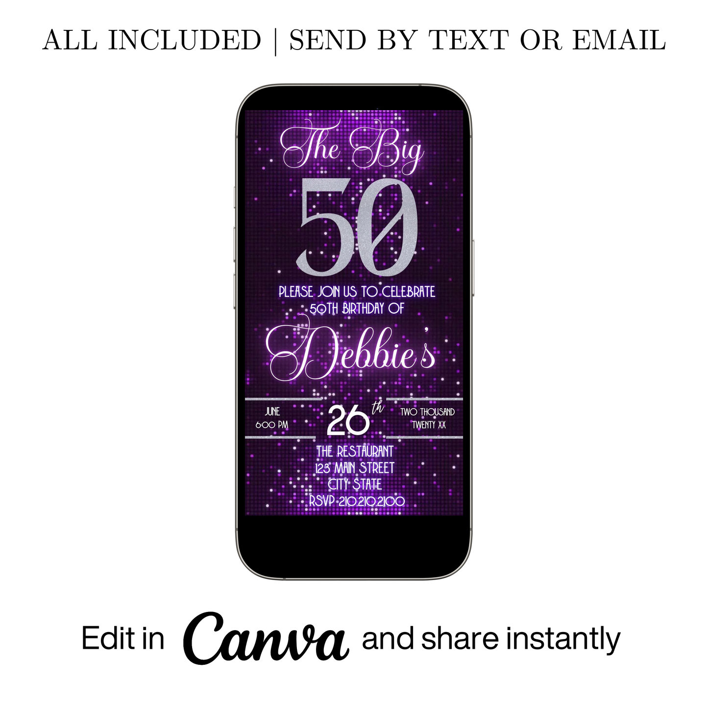 Editable purple glitter 50th birthday video invitation displayed on a mobile phone, featuring an animated vertical digital invite with music, created in Canva. This premium video invitation template is designed for sharing by text, email, and social media and works with an interactive RSVP website for easy guest response tracking.