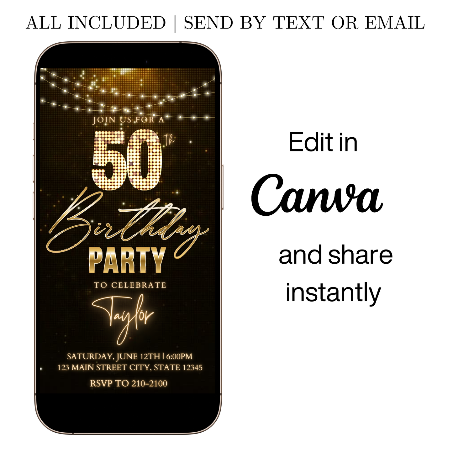 Editable black gold champagne 50th birthday video invitation displayed on a mobile phone, featuring an animated vertical digital invite with music, created in Canva. This premium video invitation template is designed for sharing by text, email, and social media and works with an interactive RSVP website for easy guest response tracking.