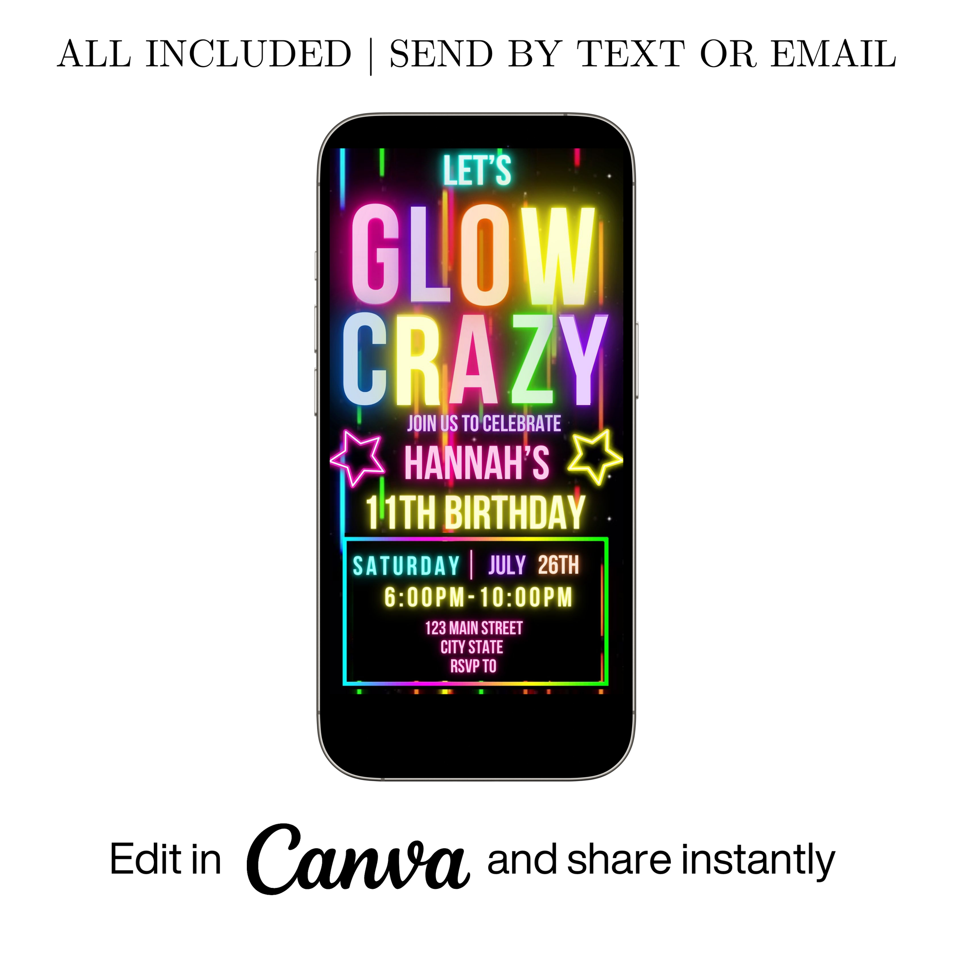 Editable glow crazy 11th birthday video invitation displayed on a mobile phone, featuring an animated vertical digital invite with music, created in Canva. This premium video invitation template is designed for sharing by text, email, and social media and works with an interactive RSVP website for easy guest response tracking.