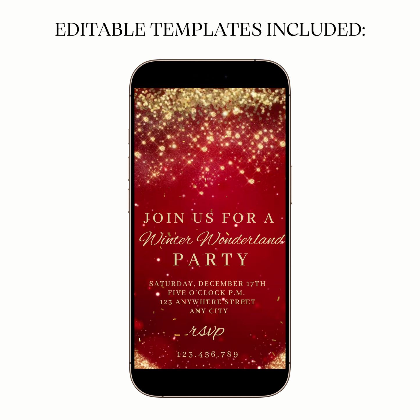 Animated red gold winter celebration video party invitation
