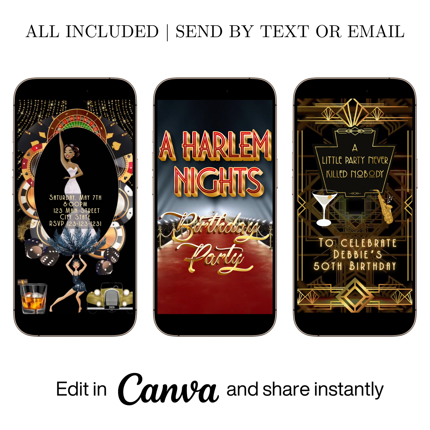 Editable harlem nights red carpet birthday video invitation displayed on a mobile phone, featuring an animated vertical digital invite with music, created in Canva. This premium video invitation template is designed for sharing by text, email, and social media and works with an interactive RSVP website for easy guest response tracking.