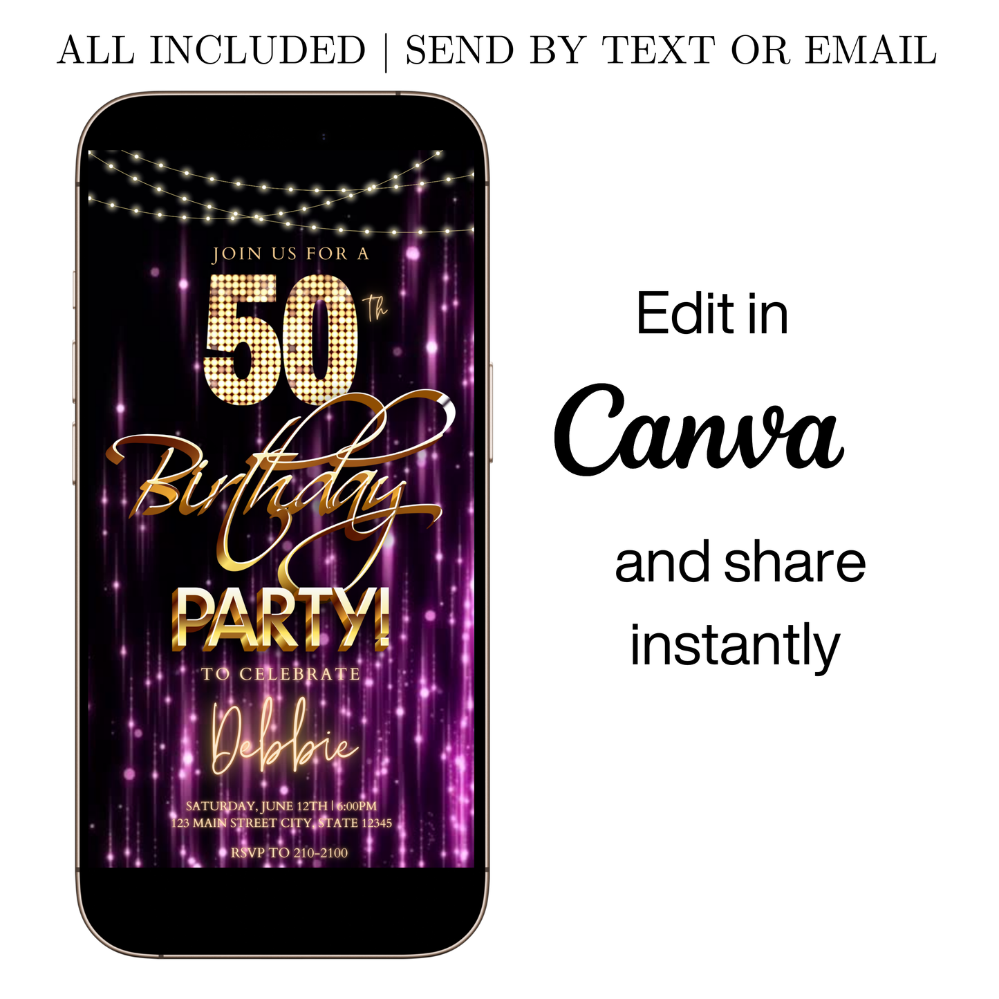Editable purple gold glam 50th birthday party video invitation displayed on a mobile phone, featuring an animated vertical digital invite with music, created in Canva. This premium video invitation template is designed for sharing by text, email, and social media and works with an interactive RSVP website for easy guest response tracking.