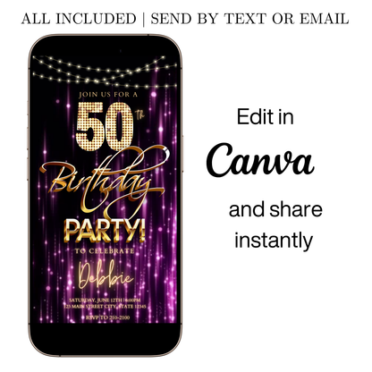 Editable purple gold glam 50th birthday party video invitation displayed on a mobile phone, featuring an animated vertical digital invite with music, created in Canva. This premium video invitation template is designed for sharing by text, email, and social media and works with an interactive RSVP website for easy guest response tracking.